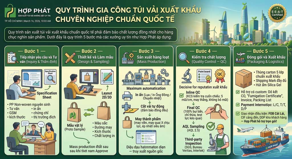 🌍 Gia Công Túi Vải Xuất Khẩu: Tiêu Chuẩn Quốc Tế, Quy Trình & Xưởng Uy Tín Tại Việt Nam 🌍 Gia Công Túi Vải Xuất Khẩu: Tiêu Chuẩn Quốc Tế, Quy Trình & Xưởng Uy Tín Tại Việt Nam