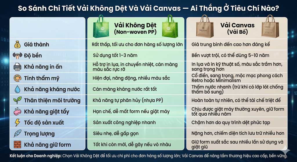 Phân Biệt Vải Không Dệt Và Vải Canvas: Giải Pháp Tối Ưu Ngân Sách Cho Doanh Nghiệp 2026 Phân Biệt Vải Không Dệt Và Vải Canvas: Giải Pháp Tối Ưu Ngân Sách Cho Doanh Nghiệp 2026