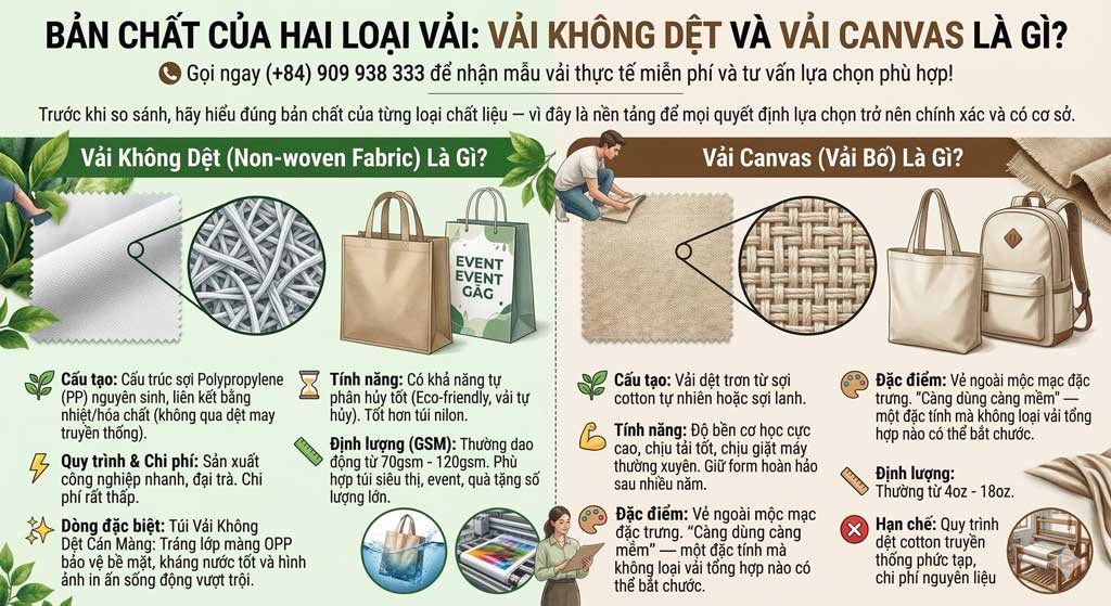 Phân Biệt Vải Không Dệt Và Vải Canvas: Giải Pháp Tối Ưu Ngân Sách Cho Doanh Nghiệp 2026 Phân Biệt Vải Không Dệt Và Vải Canvas: Giải Pháp Tối Ưu Ngân Sách Cho Doanh Nghiệp 2026