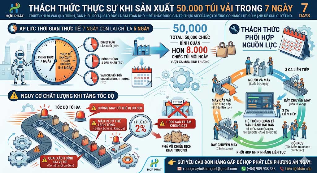 Đơn hàng 50.000 túi trong 7 ngày: Quy trình vận hành 24/7 Đơn hàng 50.000 túi trong 7 ngày: Quy trình vận hành 24/7