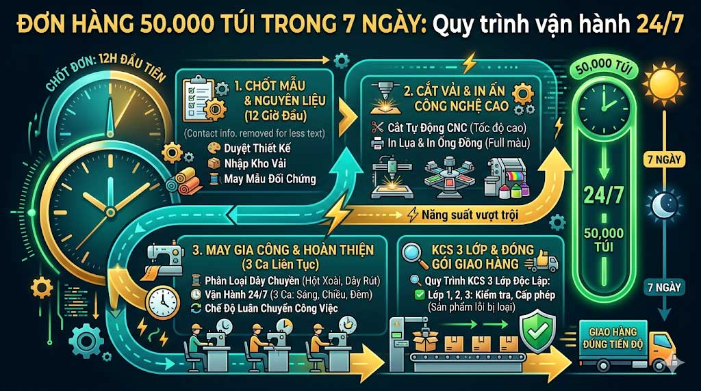 Đơn hàng 50.000 túi trong 7 ngày: Quy trình vận hành 24/7