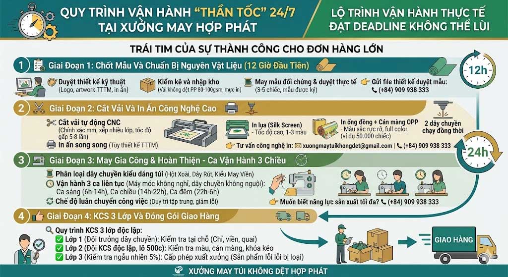 Đơn hàng 50.000 túi trong 7 ngày: Quy trình vận hành 24/7 Đơn hàng 50.000 túi trong 7 ngày: Quy trình vận hành 24/7