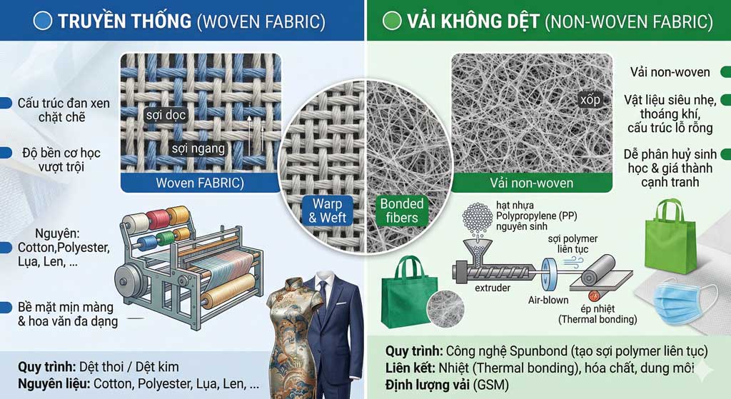 🧵 So Sánh Vải Không Dệt Hay Vải Dệt Truyền Thống: Đâu Là Lựa Chọn Tối Ưu Năm 2026? 🧵 So Sánh Vải Không Dệt Hay Vải Dệt Truyền Thống: Đâu Là Lựa Chọn Tối Ưu Năm 2026?