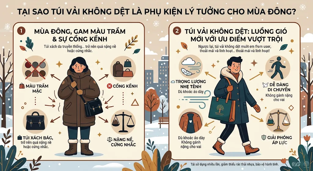 phối túi vải không dệt cùng đồ Mùa Đông phối túi vải không dệt cùng đồ Mùa Đông