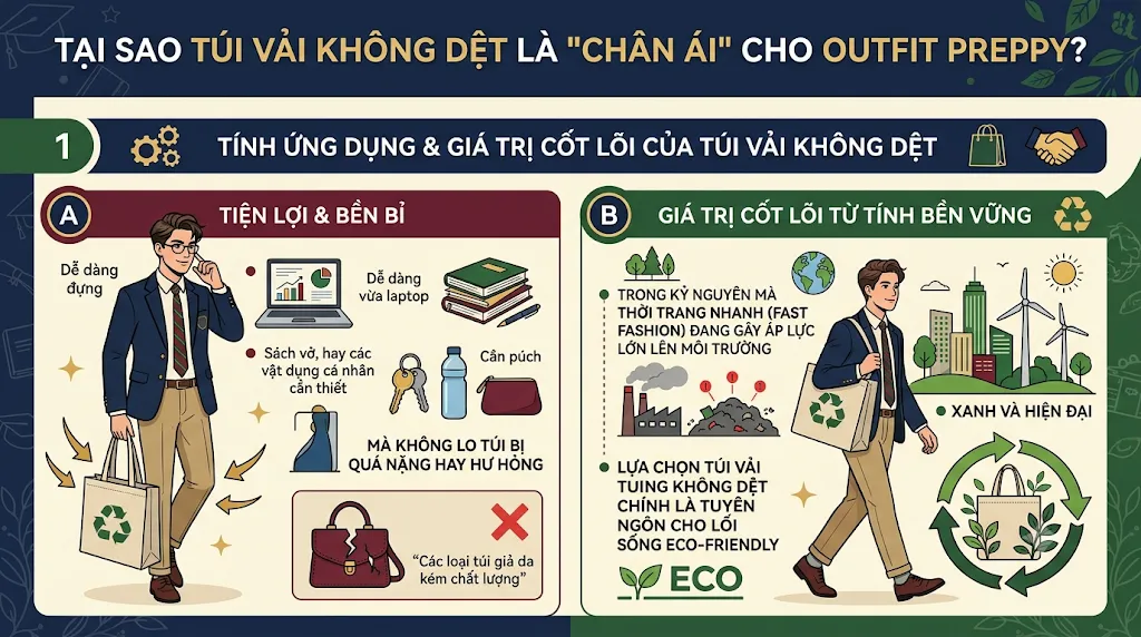 Phong c&aacute;ch Preppy: Phối t&uacute;i vải kh&ocirc;ng dệt c&ugrave;ng outfit "học đường" hiện đại - phong c&aacute;ch Preppy