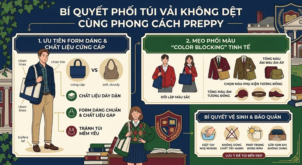 Phong c&aacute;ch Preppy: Phối t&uacute;i vải kh&ocirc;ng dệt c&ugrave;ng outfit "học đường" hiện đại - phong c&aacute;ch Preppy