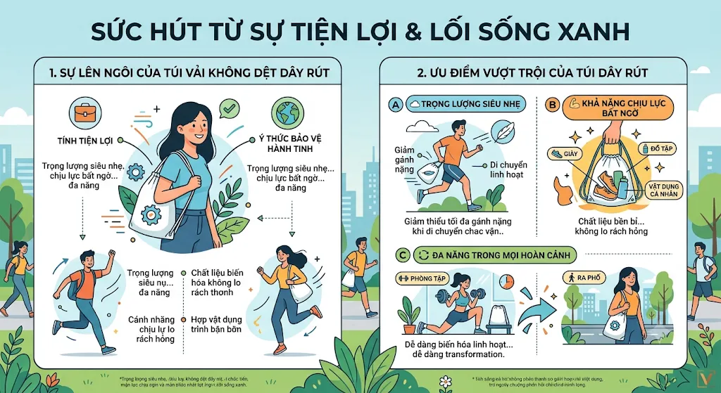 Túi vải không dệt dây rút (Drawstring Bag) - Phụ kiện hoàn hảo cho outfit thể thao & Athleisure Túi vải không dệt dây rút (Drawstring Bag) - Phụ kiện hoàn hảo cho outfit thể thao & Athleisure